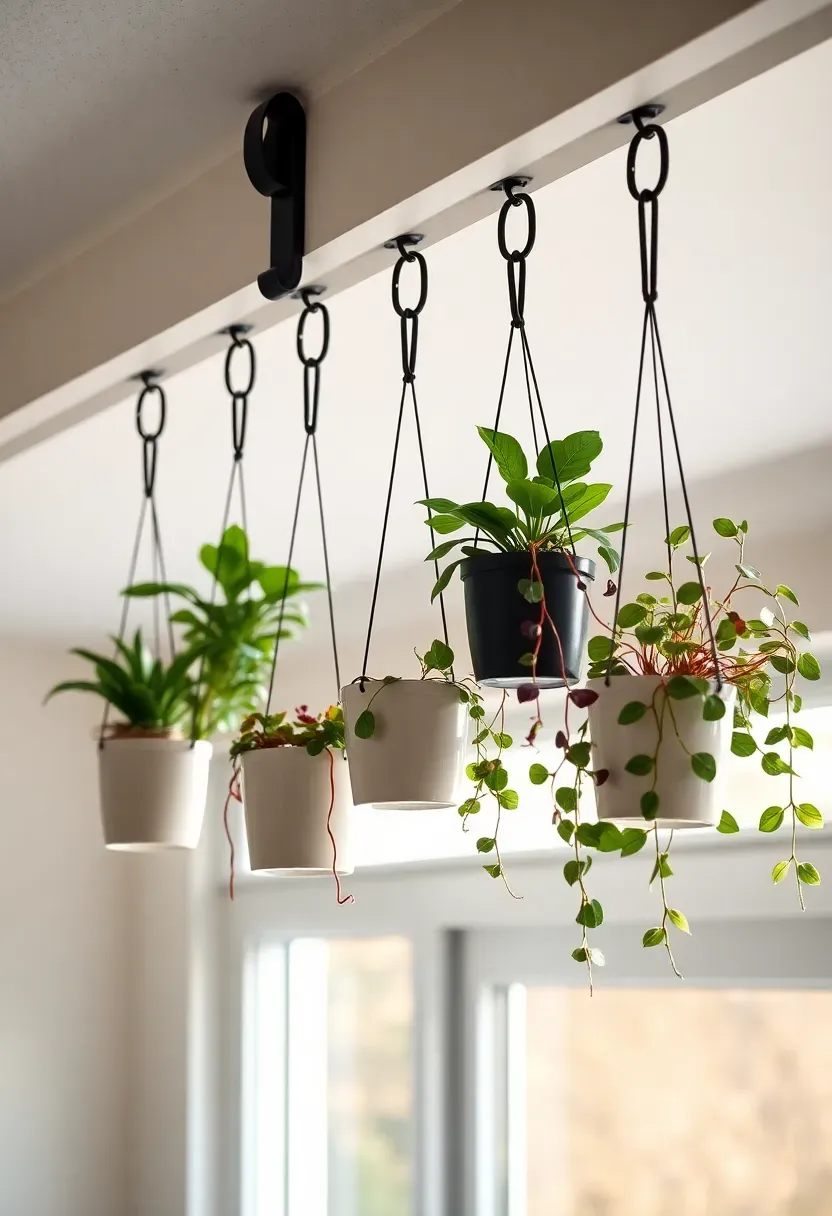 Metal hanging rail mounted along a sunroom railing or beam with multiple small potted plants in ceramic pots suspended at different heights in bright light