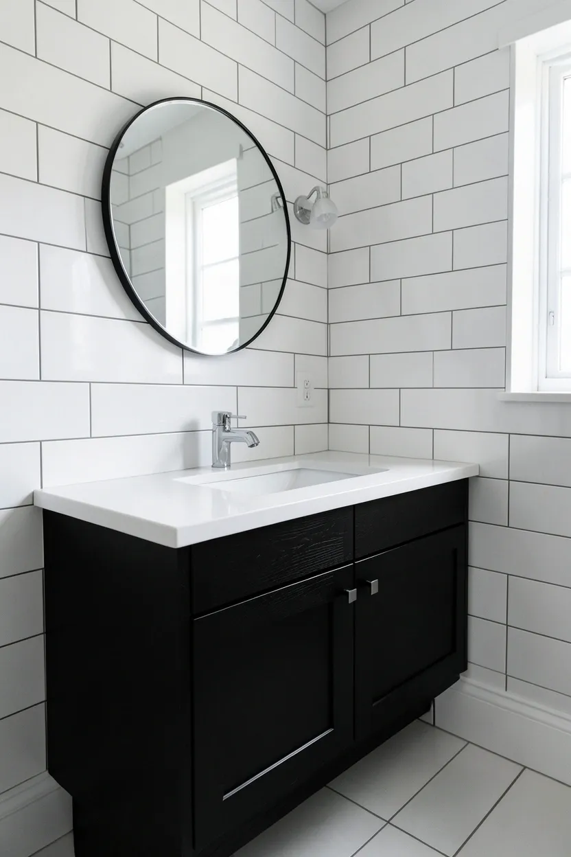 Hyper-realistic eye-level photograph of a modern black bathroom featuring black vanity cabinet with white quartz countertop, white undermount sink, chrome faucet, white subway tile walls, small round mirror. Natural light. Materials: matte black painted wood, white quartz, chrome fixtures, white ceramic. Bold contrasting black and white aesthetic. Clean modern composition. No text, no logos, no watermarks.</p>