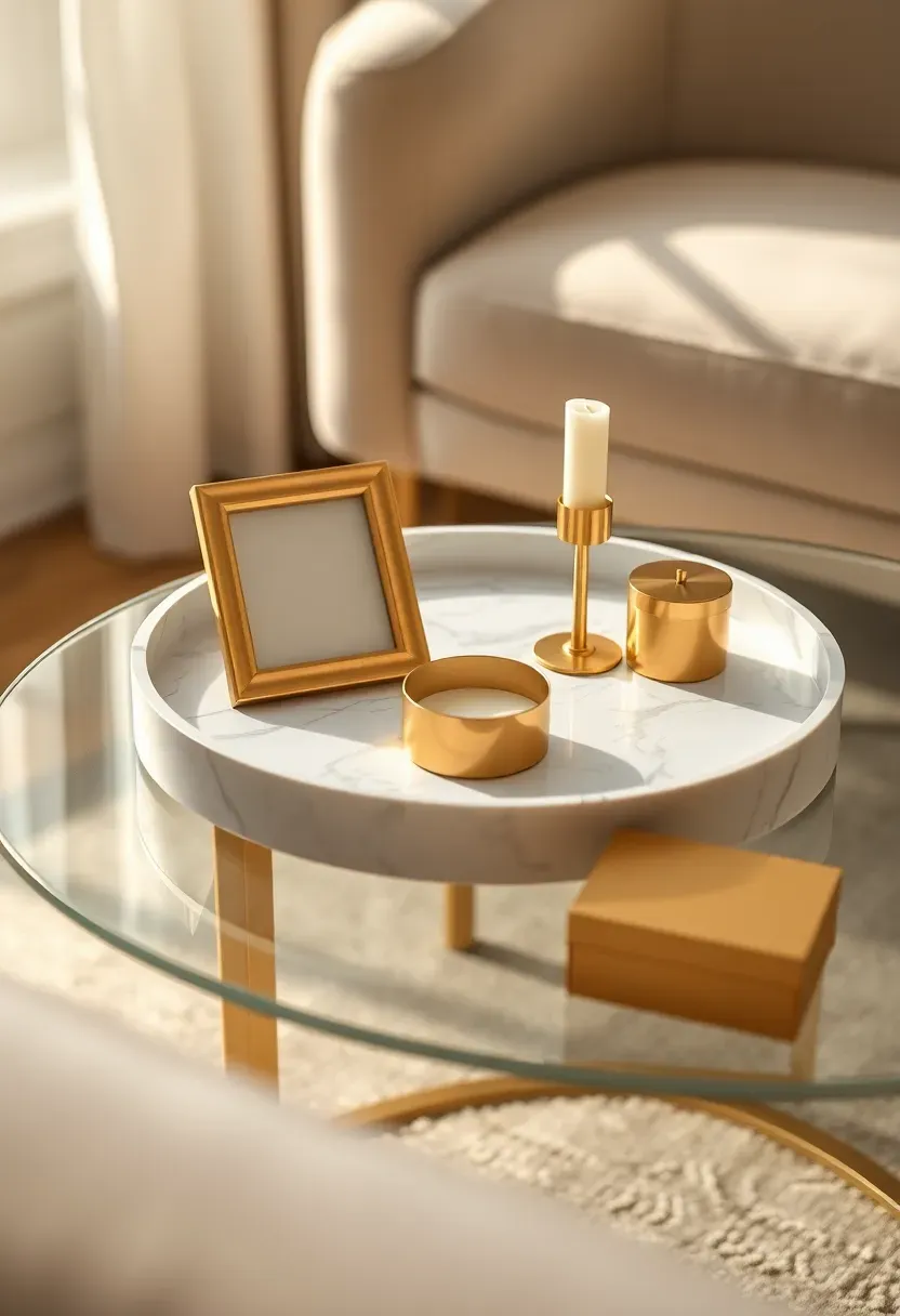 White marble round tray with gold picture frame small candle and gold tray accessories