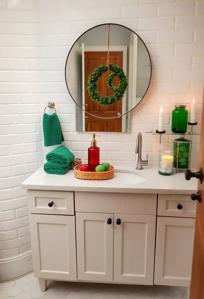 Hyper-realistic wide shot of a guest bathroom with white vanity and quartz countertop, plush emerald green hand towels rolled in woven basket, red soap dispenser with gold pump, small glass jar with green bath bombs, small Grinch ornament in ceramic on countertop, circular mirror with tiny eucalyptus wreath hanging from leather cord, white LED pillar candles on either side of sink, green glass apothecary jar with cotton balls. White subway tile walls, hexagonal tile floor, waterfall faucet. Materials: cotton towels, glass, ceramic, LED candles. Warm overhead vanity lighting plus candle glow creating spa-like atmosphere. Crisp festive mood. Shallow depth of field with vanity details sharp while showing full bathroom context. No text, no logos, no watermarks.</p>