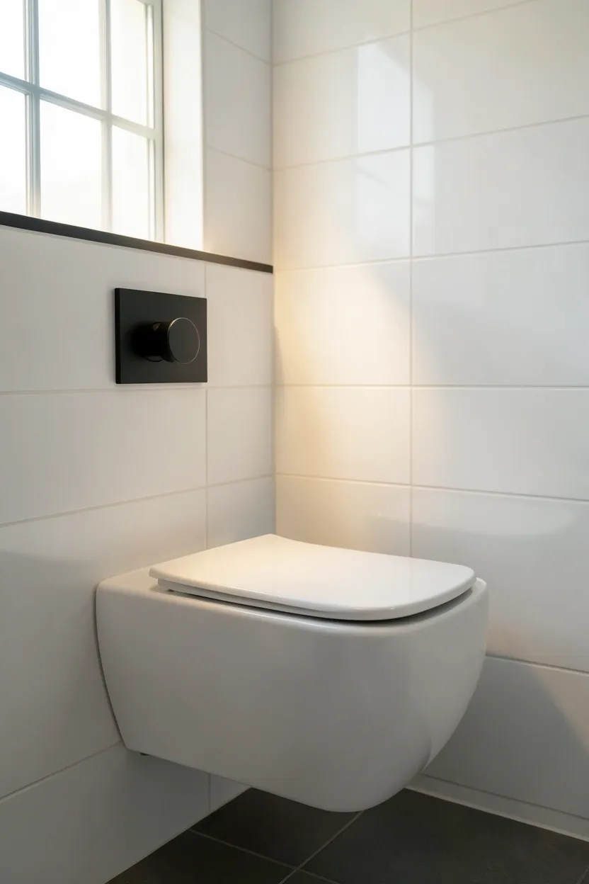 Wall-mounted toilet with concealed cistern and clean floor space in a modern minimalist bathroom