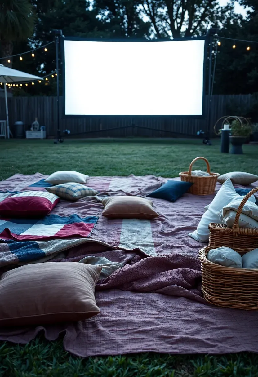 A backyard lawn covered with layered quilts and blankets in front of a glowing movie screen, with pillows scattered across the ground