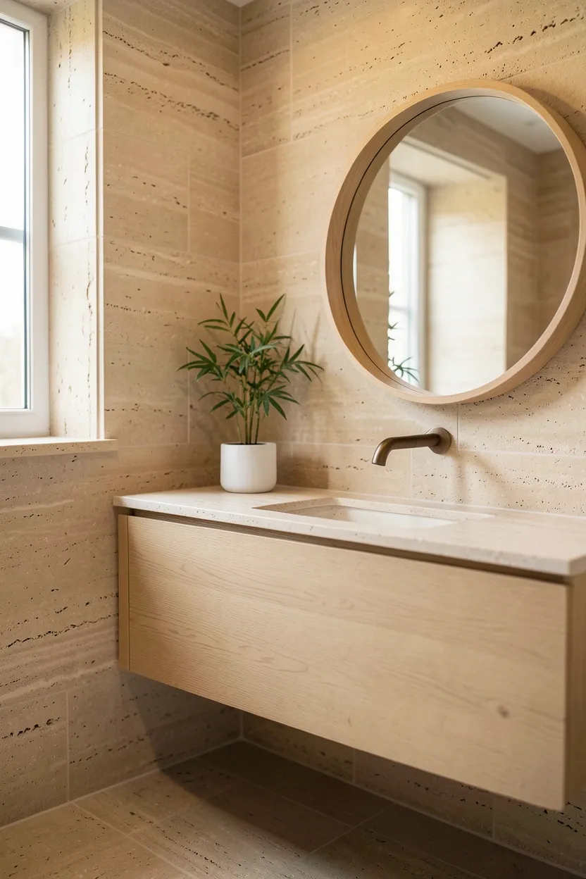 Seagrass and rattan woven baskets on a floating shelf in a neutral bathroom for storage