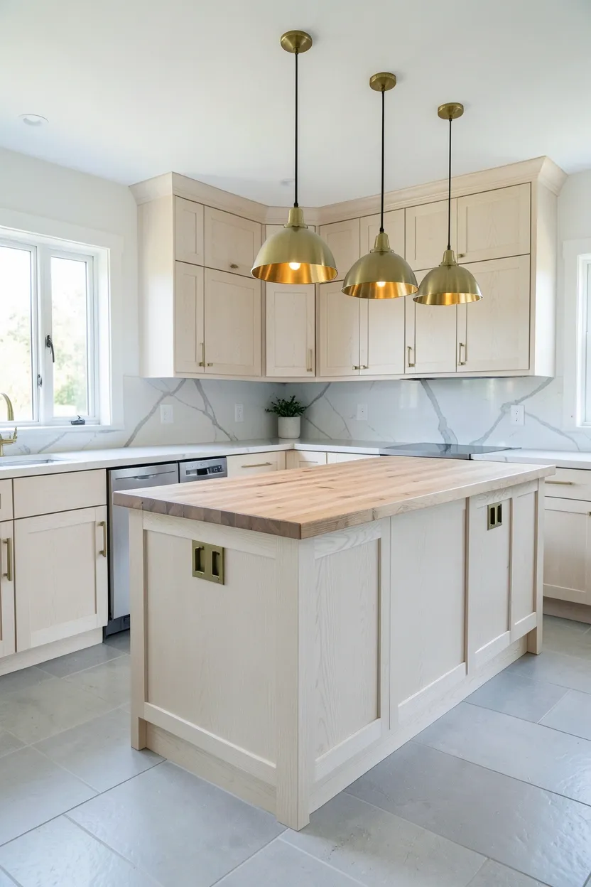 Hyper-realistic wide shot of a modern kitchen with white oak peninsula. L-shaped peninsula in white oak cabinetry with full-height cabinets extends from main counter. Butcher block countertop in light oak with visible grain pattern and natural oil finish. White marble countertops on perimeter. Brass hardware on peninsula and surrounding cabinets. Three brass pendant lights positioned over workspace. Light gray tile floor. Natural light from large windows. Clean surfaces. No text, no logos, no watermarks.</p>