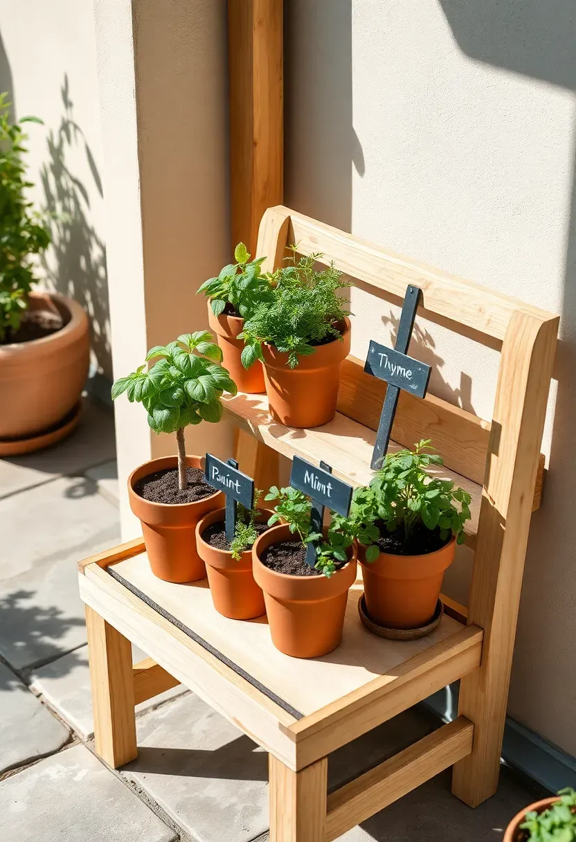 Tiered wooden plant stand holding terracotta pots of basil, rosemary, thyme, and mint on a sunny patio corner