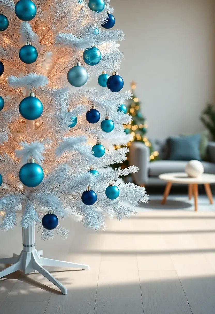 Hyper-realistic 3/4 view of a white Christmas tree decorated with ornaments in an ombre gradient from deep navy blue at the bottom through turquoise to pale aqua at the top. Materials: white artificial pine branches, glass and plastic ornaments in 5+ shades of blue, warm white LED lights. Soft room lighting (3000K), creating subtle shadows on light wood floor. Modern gradient mood, shallow depth of field with ornament color transitions sharp, visible room context with contemporary furniture. No text, no logos, no watermarks.</p>
