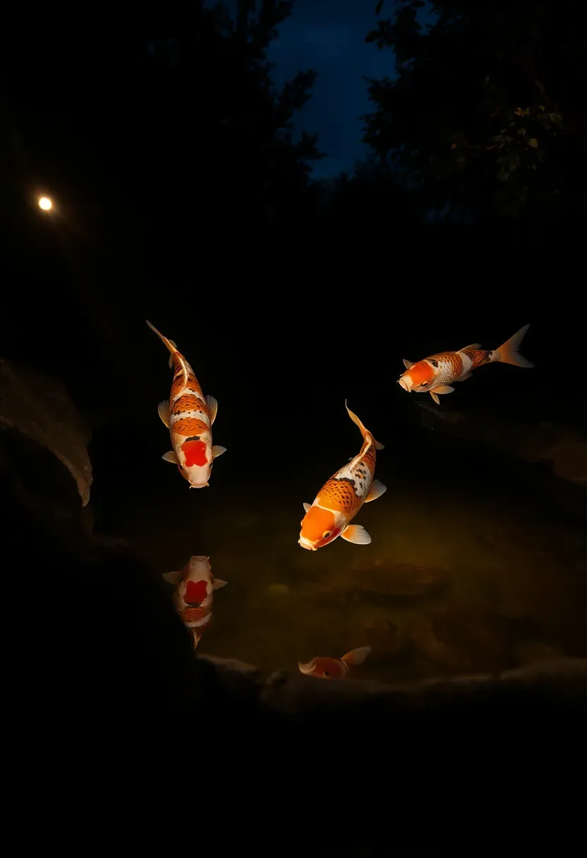 Backyard koi pond illuminated at night with underwater LED lights showing koi in green and blue hues