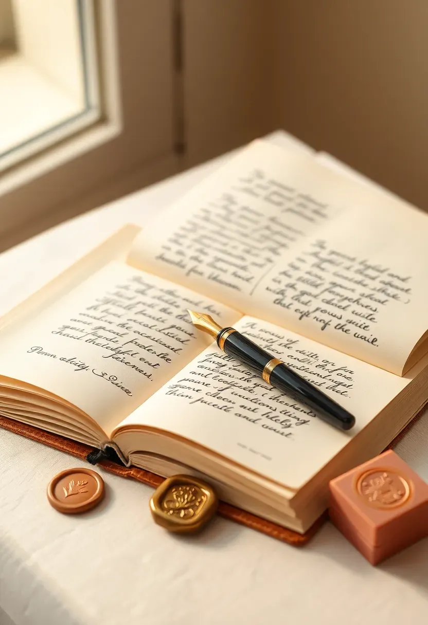 hand-bound letter to baby booklet at a baby shower guest book station with guests writing personal letters on cream pages of a small booklet beside flowers and a wax seal kit