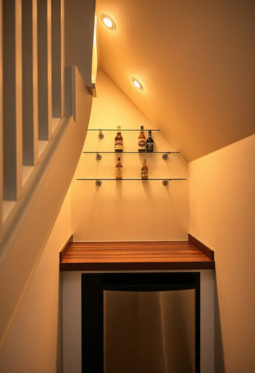 compact bar nook built into space under basement staircase with recessed lighting glass shelves and small sink