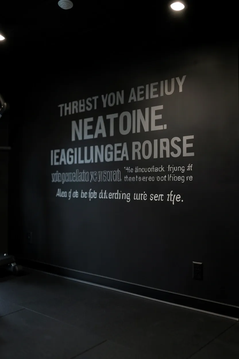 Dark-toned motivational wall decal above a weight rack in a home gym with charcoal walls providing subtle visual inspiration during workouts