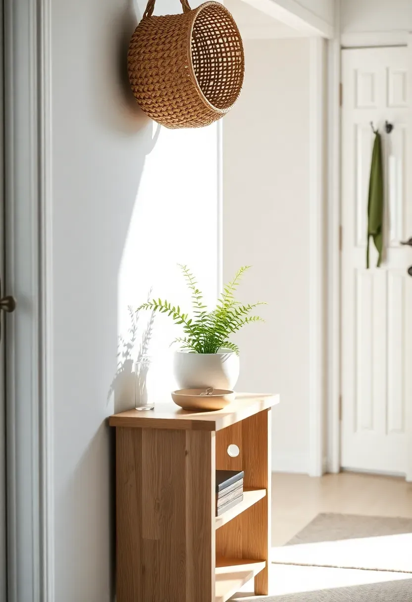 Narrow console-style side table in a rental apartment entryway with a woven bowl for keys and a small potted plant