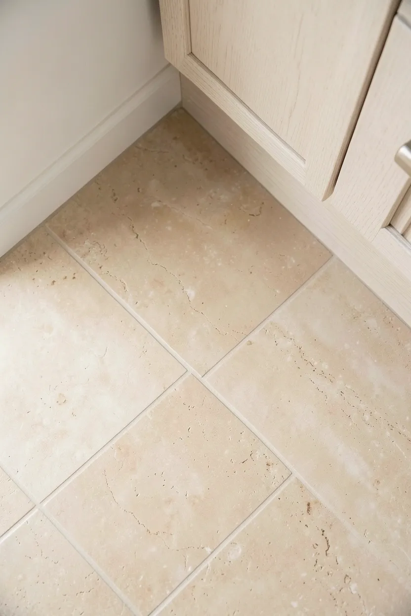 Large-format honed limestone floor tiles in a japandi bathroom — soft matte finish with natural variation