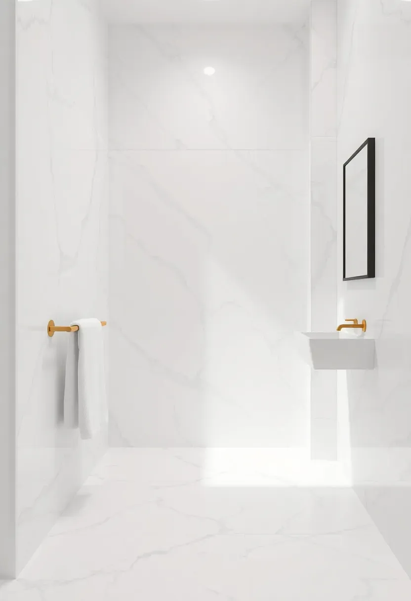 Classic white marble bathroom with floor-to-ceiling marble walls and elegant gold fixtures