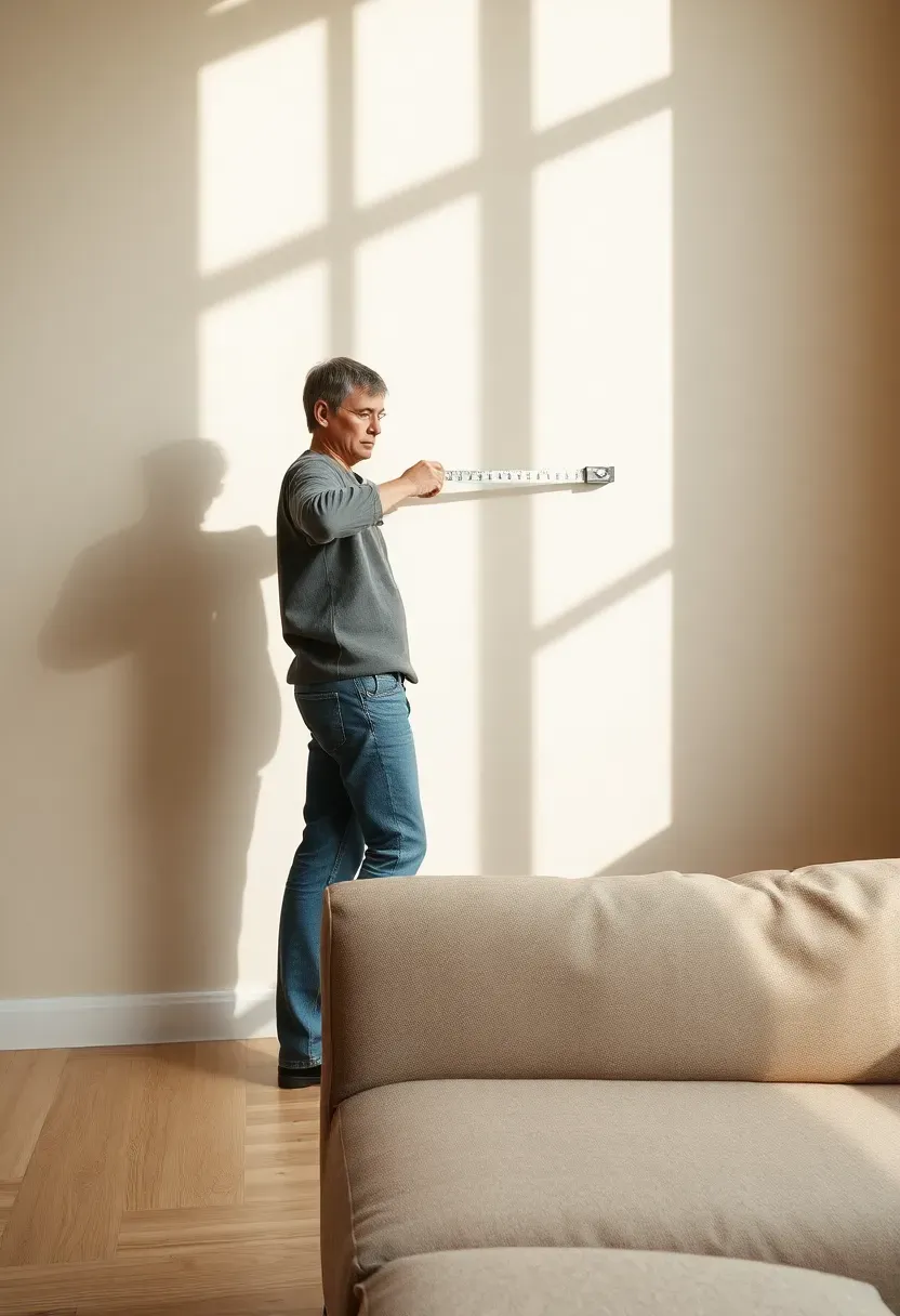Person standing in front of a blank living room wall with measuring tape, assessing the space — afternoon light casting soft shadows on warm off-white plaster