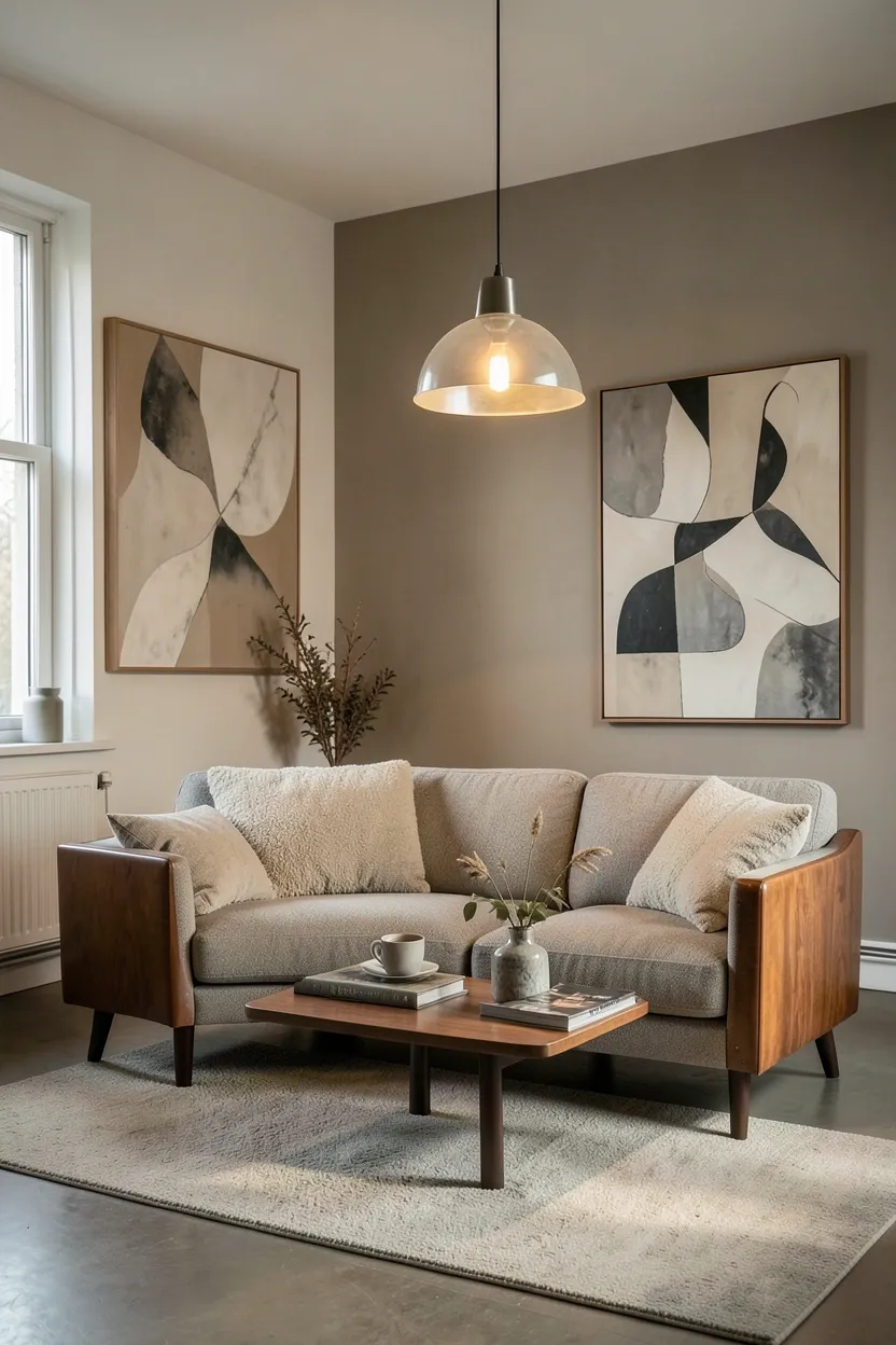 Vintage mid-century sofa paired with contemporary pendant light and modern artwork in a layered Scandinavian living room