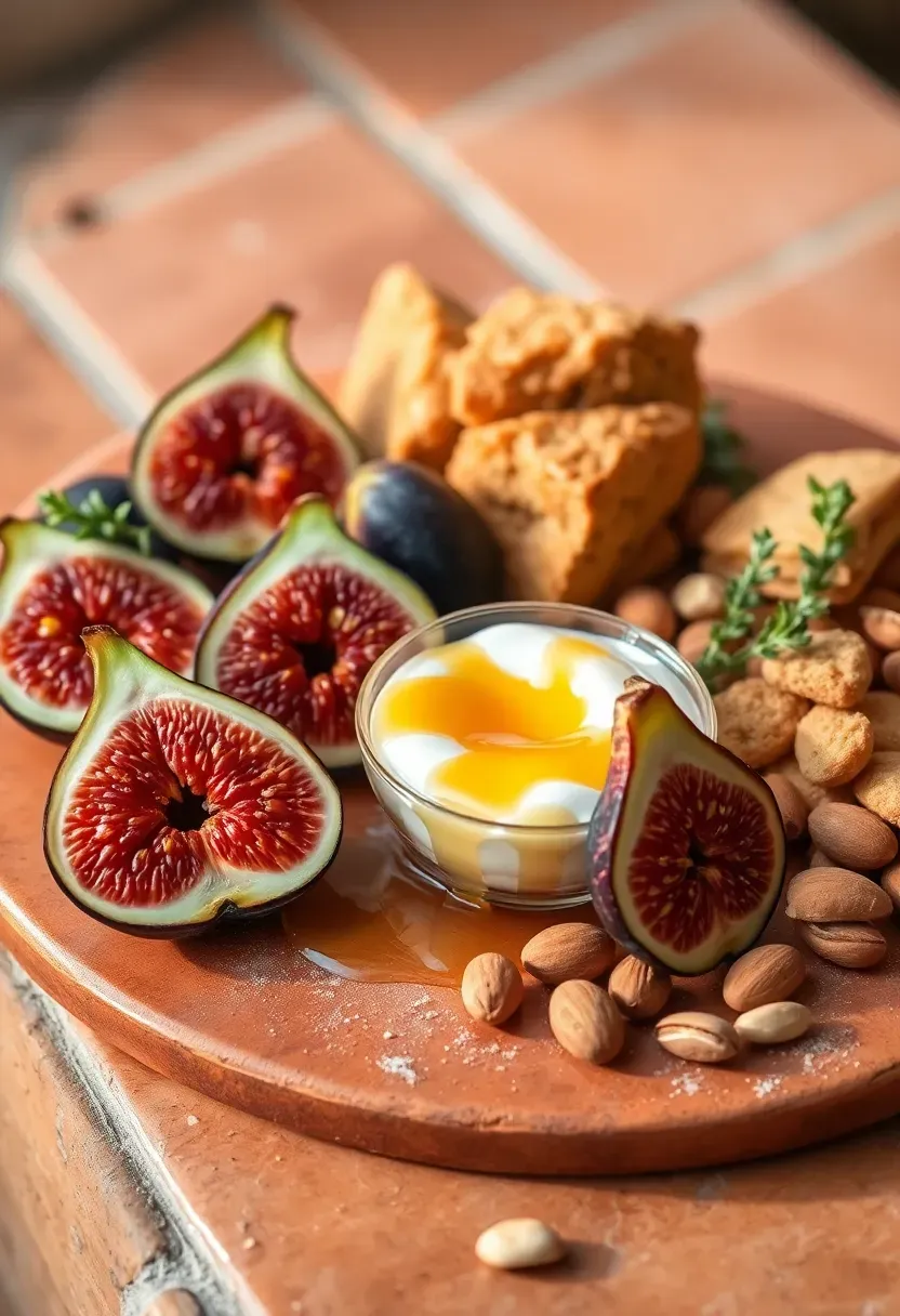 Mediterranean sunset dessert board with honey-drizzled treats, figs, and warm-toned sweets
