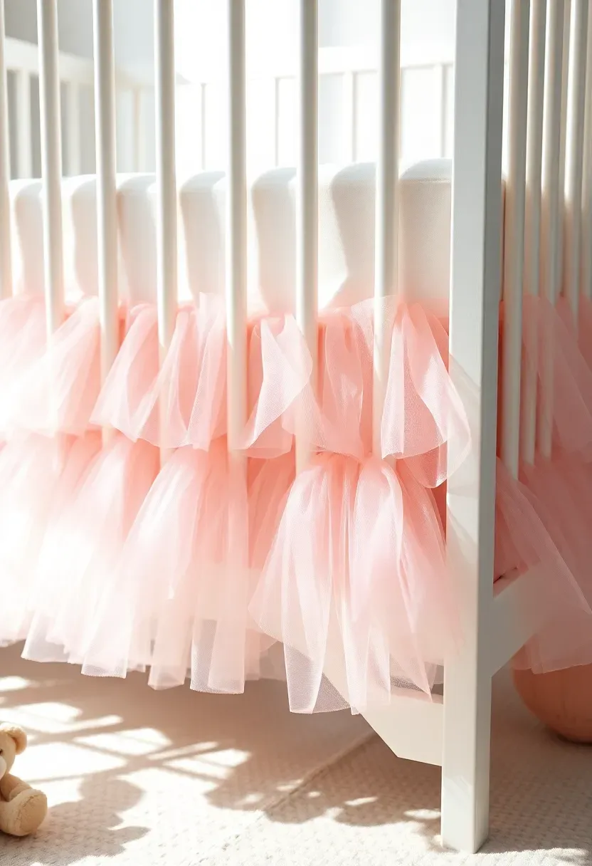 soft pink tulle tutu crib skirt on white crib in feminine shabby chic nursery