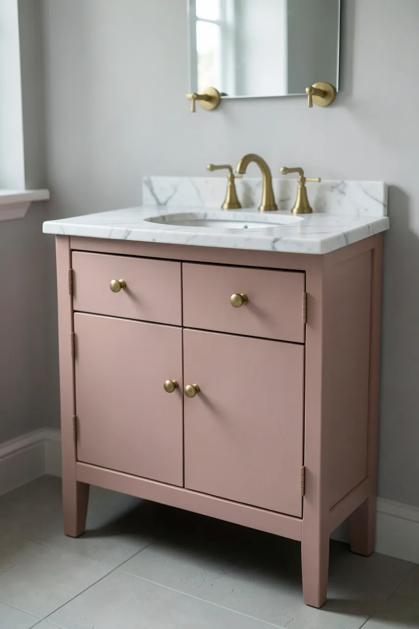 Dusty rose painted bathroom vanity with updated brass hardware, muted pink tone adding warmth to a neutral bathroom on a budget