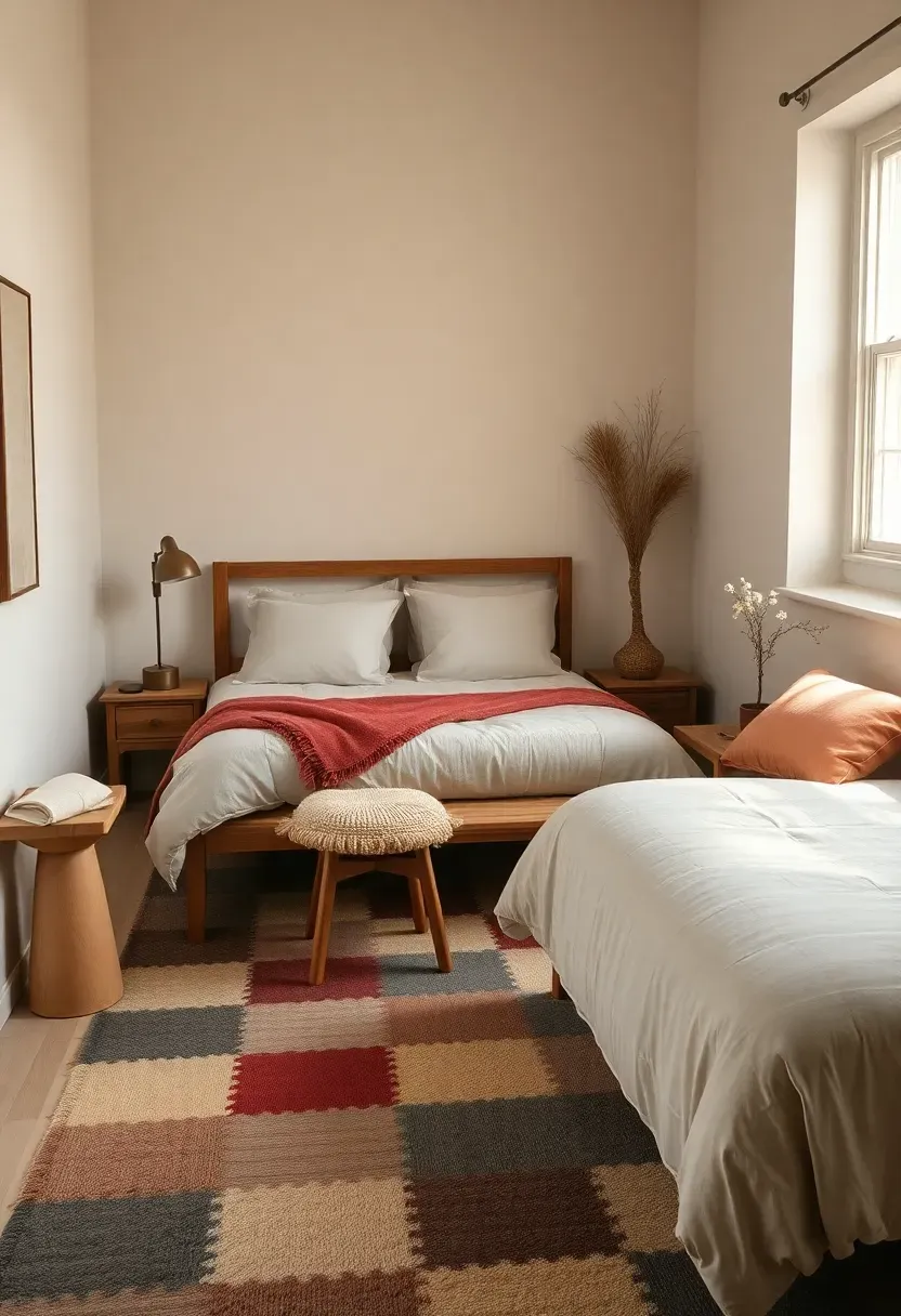 Patchwork rug with muted red and oat tones