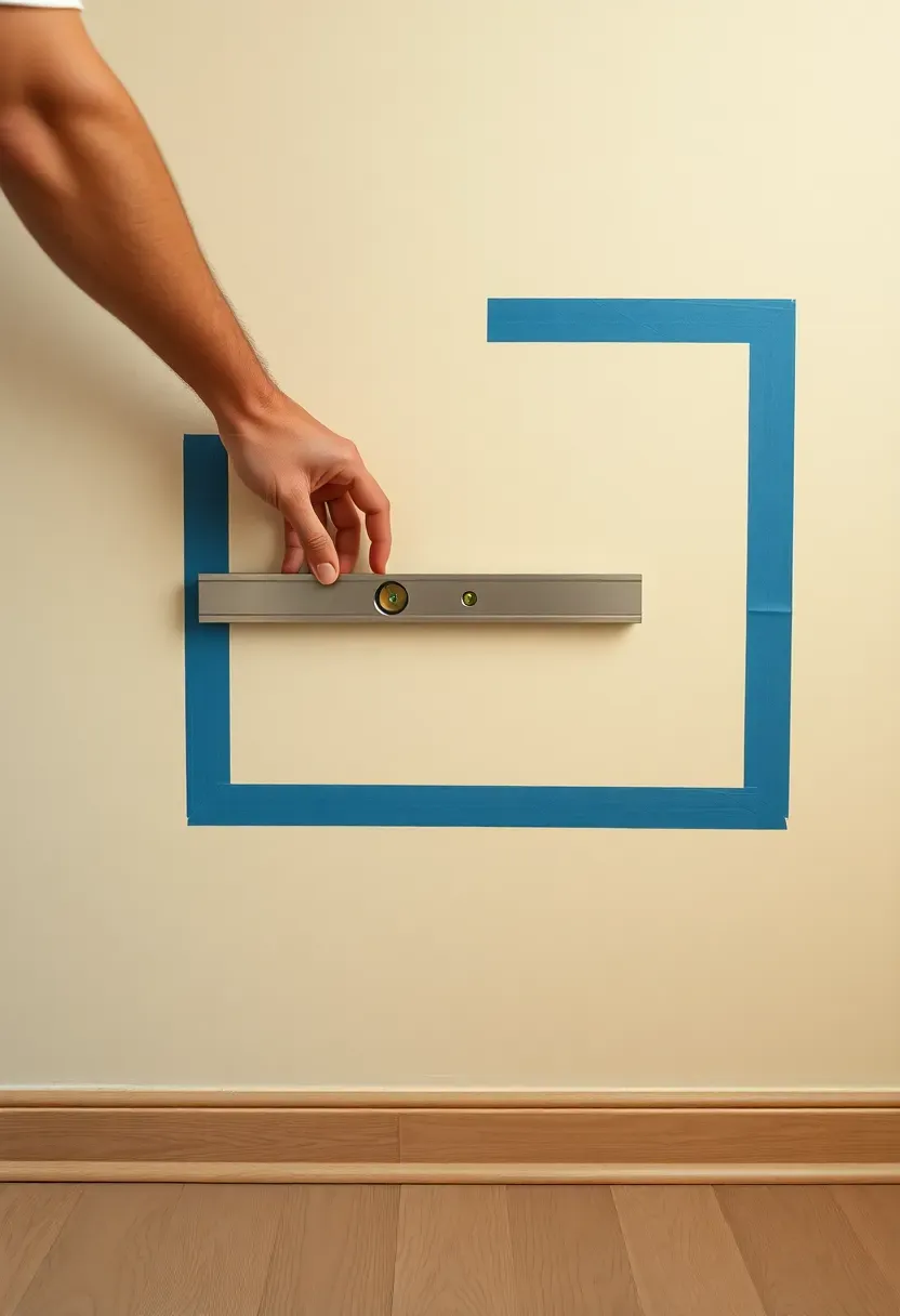Person using a level on a blank wall, marking the central anchor point with pencil — warm living room background, afternoon light, painter's tape marking the intended gallery area boundary