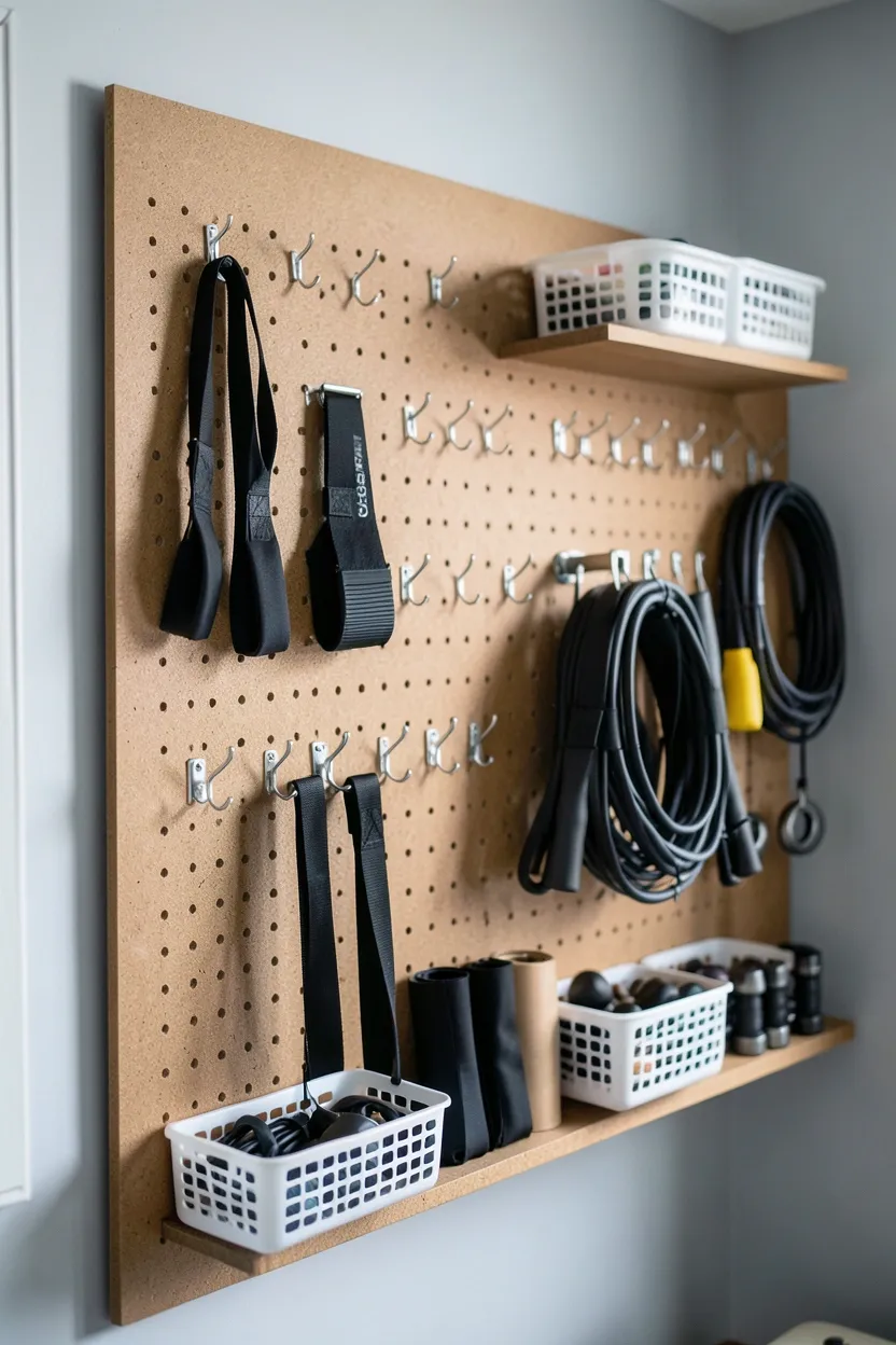 Large pegboard wall system with labeled hooks and baskets organizing resistance bands, jump ropes, and gym accessories in a small home gym