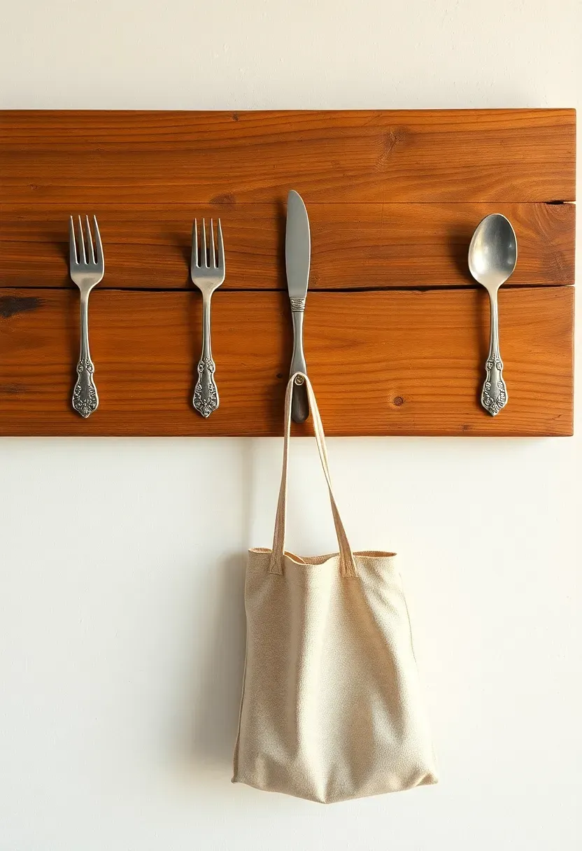 Row of vintage silver-plated forks and spoons bent into hooks and mounted on a reclaimed wood board in a shabby chic dining room entryway