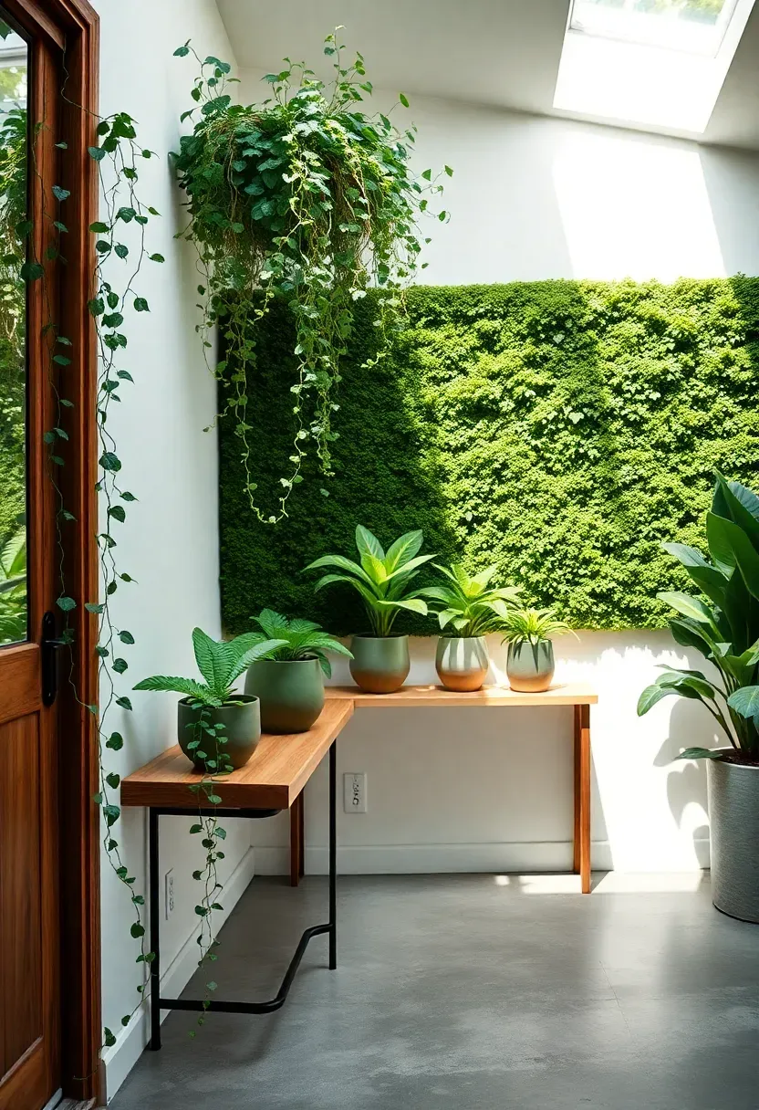 Biophilic entryway filled with trailing pothos, ferns, and a moss wall panel behind a slim wooden console, with natural light streaming in