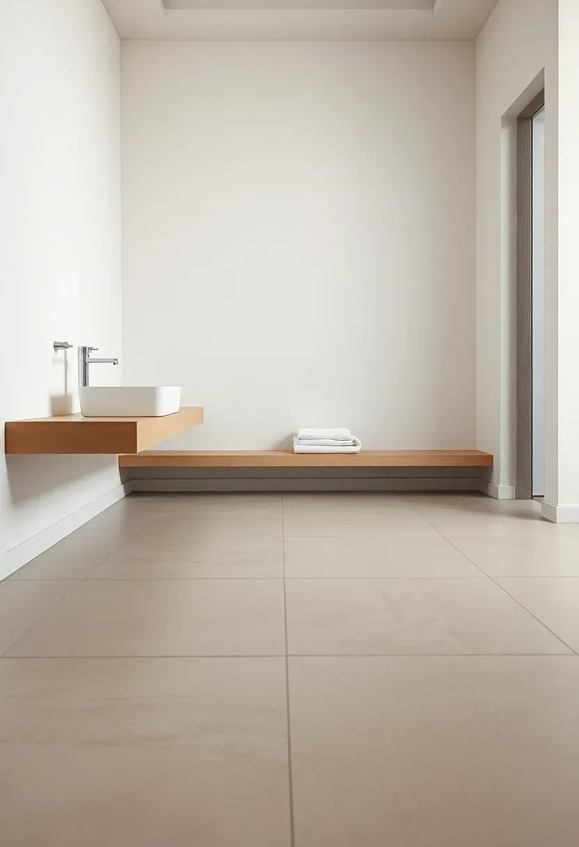 Bathroom with no baseboard where white plaster walls meet a polished concrete floor with a clean flush joint