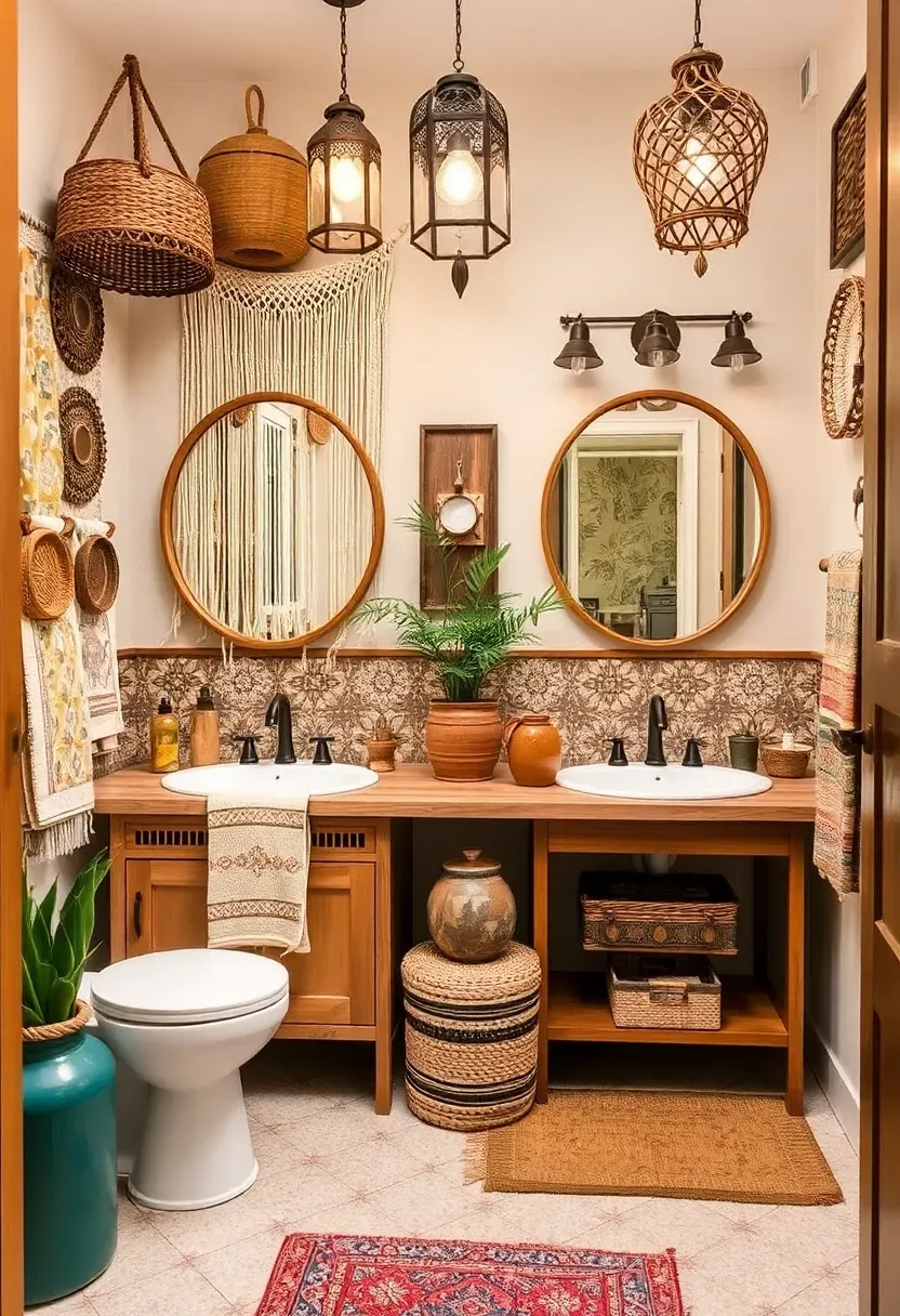 Bohemian rental bathroom with macrame wall hanging rattan mirror terracotta pot and layered patterned towels