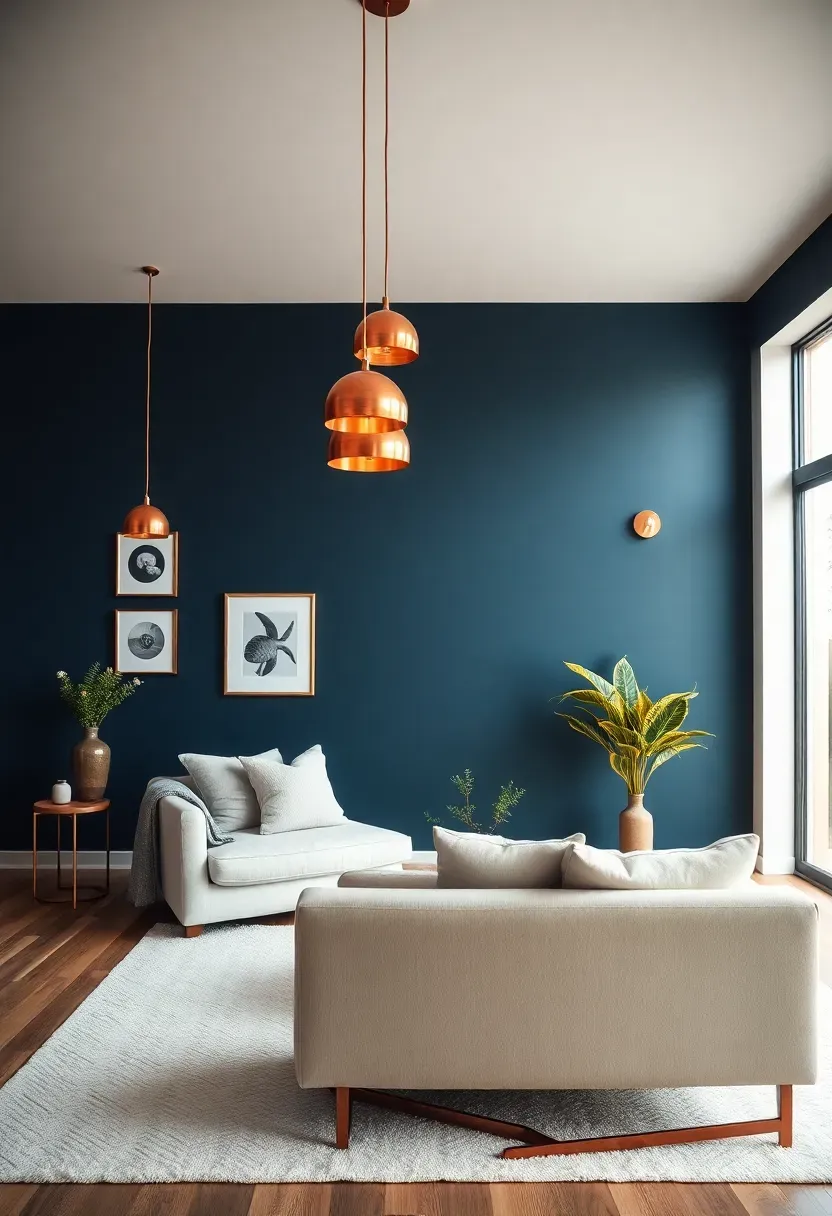 Hyper-realistic wide shot of minimalist living room with navy blue walls, copper pendant lights, copper picture frames, copper coffee table legs, cream sofa, white rug. Materials: matte navy blue paint, brushed copper fixtures with warm patina, cream linen sofa, white wool rug. Warm natural daylight with copper fixtures reflecting golden-orange highlights against navy, contemporary and inviting atmosphere. Sharp contrast between navy walls and copper accents, clean composition, no clutter, no text, no watermarks.</p>