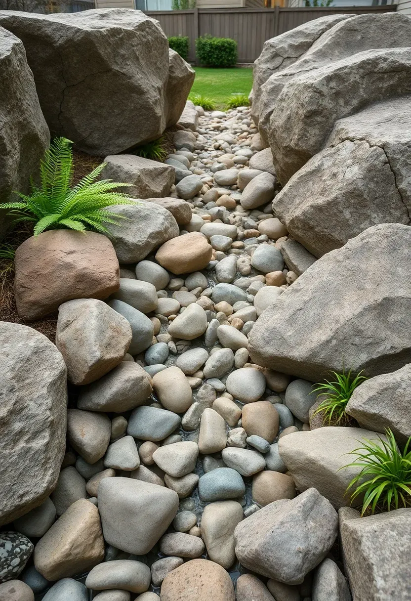 River rock dry creek bed winding through a backyard with larger boulders along the edges and small native plants tucked between stones