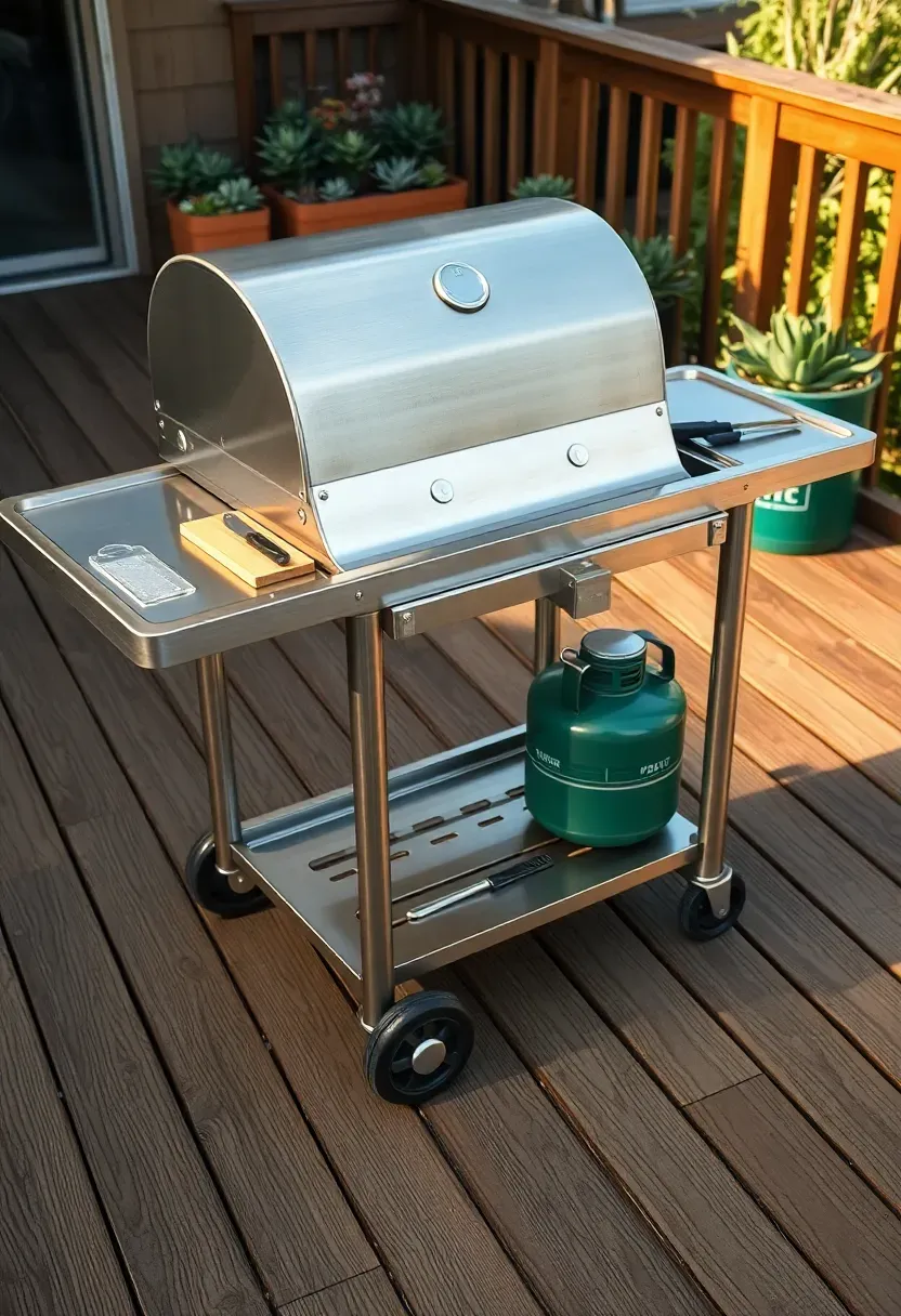Compact stainless steel rolling grill cart with fold-out side tables, spice rack, utensil hooks, and propane tank holder on a wooden deck