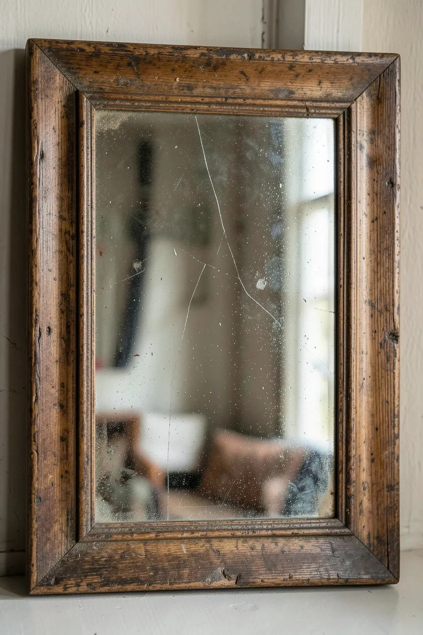 Antique bathroom mirror with spotted oxidized glass and weathered wood frame showing authentic age and patina