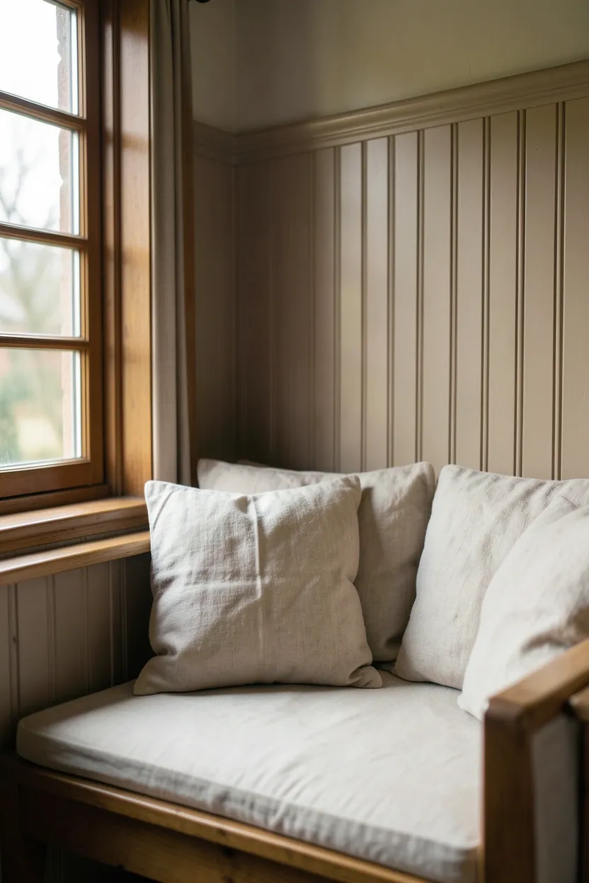 Cozy built-in window seat with linen cushions and shiplap paneling creating a reading nook in farmhouse living room