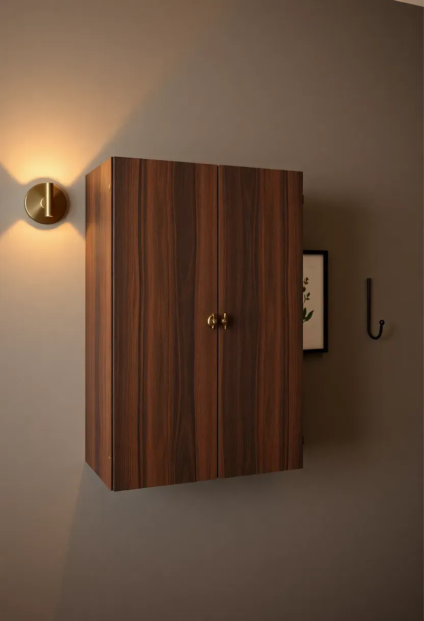 fold-down murphy bar mounted on basement wall in closed position showing clean cabinet face with brass latch next to framed art