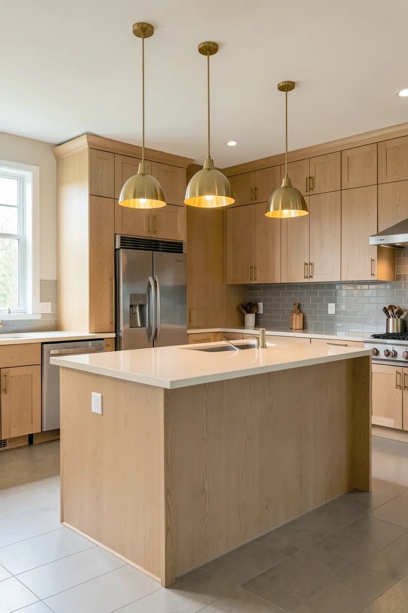 Hyper-realistic wide shot of a modern fall kitchen with integrated appliances. Refrigerator and dishwasher completely hidden behind light oak paneling that matches surrounding cabinetry. Large island in same light oak with waterfall edge. Warm cream quartz countertop throughout. Brass hardware on all cabinets. Three brass pendant lights over island. Warm gray subway tile backsplash. Natural light from windows. Clean seamless surfaces. No text, no logos, no watermarks.</p>