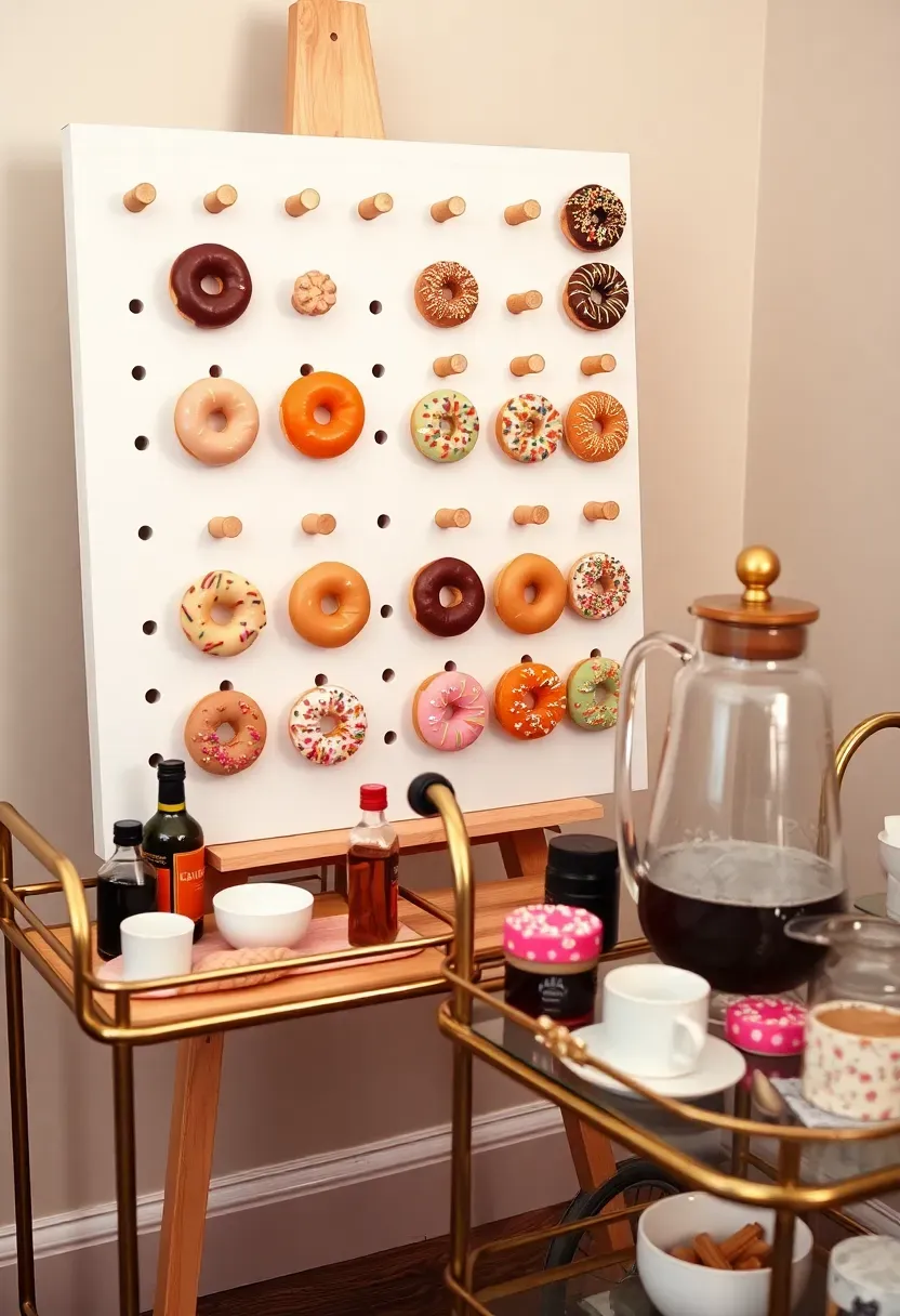 donut wall display with coffee cart at baby shower brunch featuring colorful glazed donuts on a pegboard and a vintage style espresso cart with cups