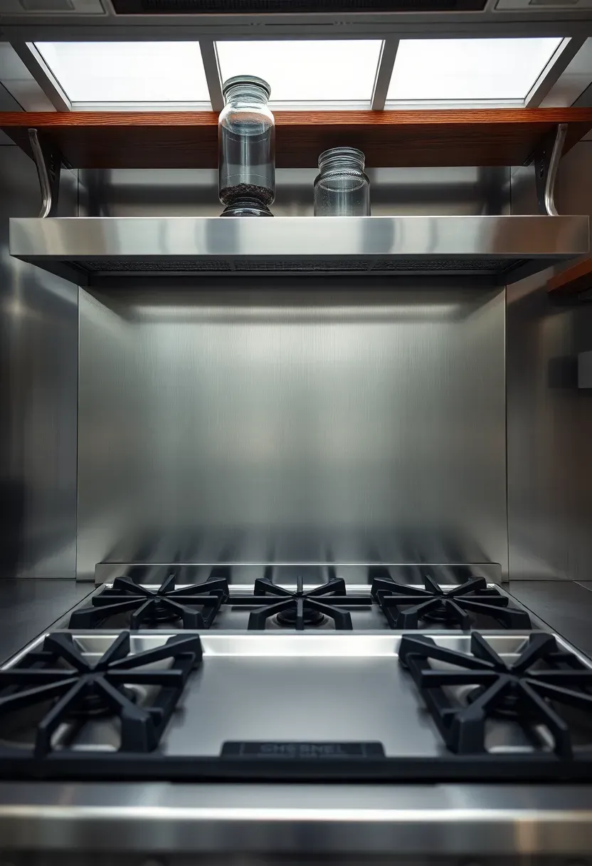 brushed stainless steel panel backsplash behind a professional range in a clean industrial kitchen