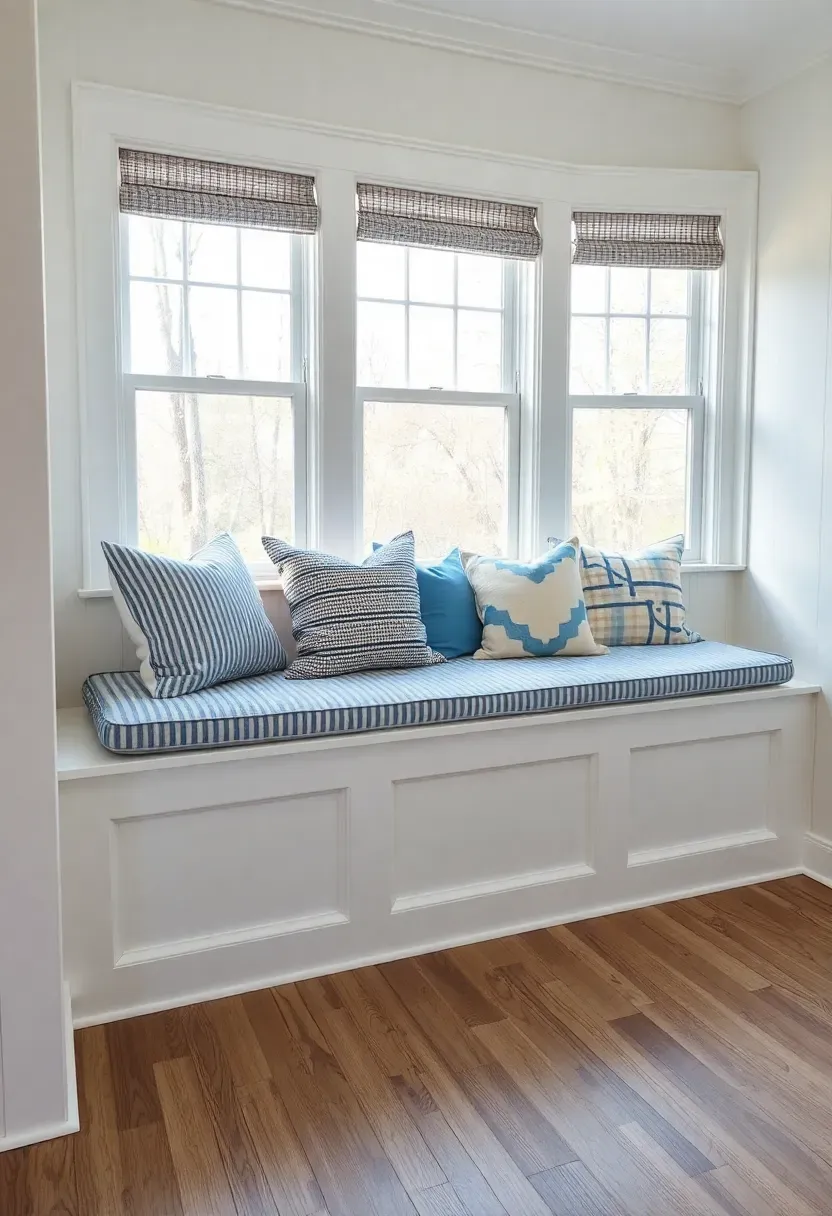 Built-in window seat with white shiplap base and hinged cushion lid along a sunroom wall, topped with striped ticking cushions and throw pillows