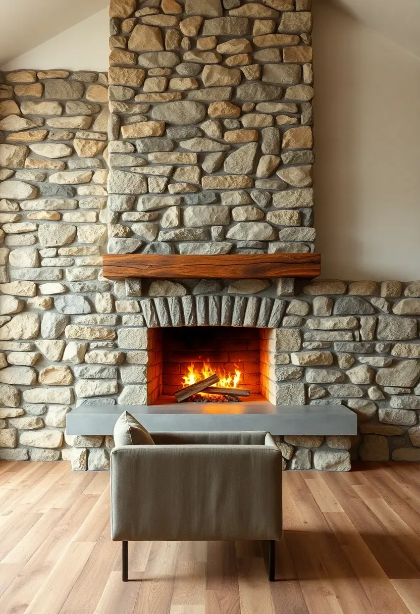 Hyper-realistic front view of rustic minimalist living room with natural stone fireplace wall reaching from floor to ceiling. Materials: irregular fieldstone in warm grays and tans, simple wood mantel, white plaster walls surrounding, concrete hearth. Warm ambient lighting from fire glow. Clean composition with fireplace as dominant element. Minimal furniture in foreground—simple linen armchair. No text, no logos, interior design magazine style.</p>