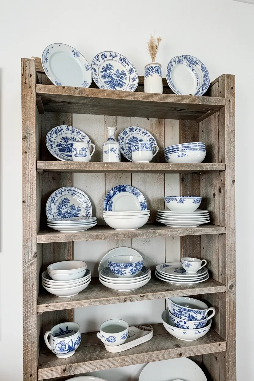Weathered Wood Open Shelves with Coastal Dishware