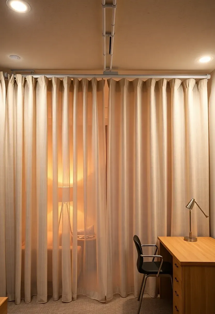 Ceiling-mounted sheer curtains dividing a large basement into a lounge area and a workspace with distinct lighting zones