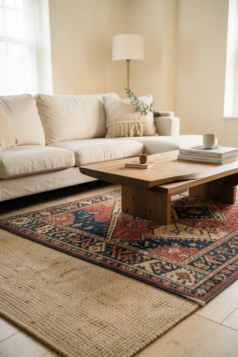 Living room with mixed natural textures — linen, rattan, jute, and ceramic — kept modern with a single rug pattern and solid neutral tones