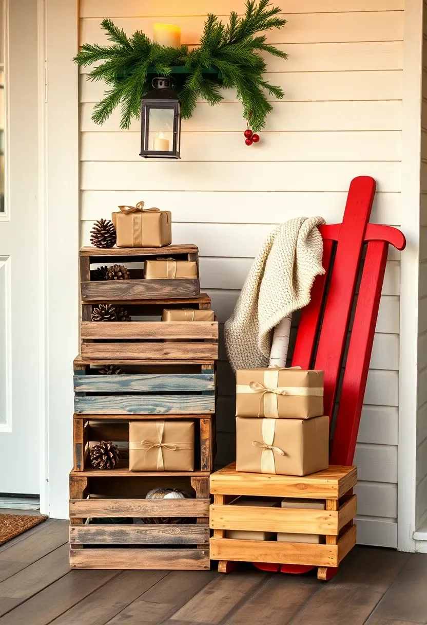 Hyper-realistic 3/4 view of a crate and sled front porch Christmas display. Materials: weathered wooden crates stacked at varying heights filled with kraft-paper-wrapped gift boxes, pinecones, and white birch logs, vintage red wooden sled leaning against white shiplap wall, cream knit blanket draped across crates, fresh pine swag above, lantern with warm candle. Warm golden hour light (4200K), wood plank porch floor, white farmhouse exterior. Nostalgic collected mood like grandmother's holiday porch. Shallow depth of field, sharp details on wood weathering and gift wrapping textures, gathered storytelling composition. No text, no logos, no watermarks.</p>