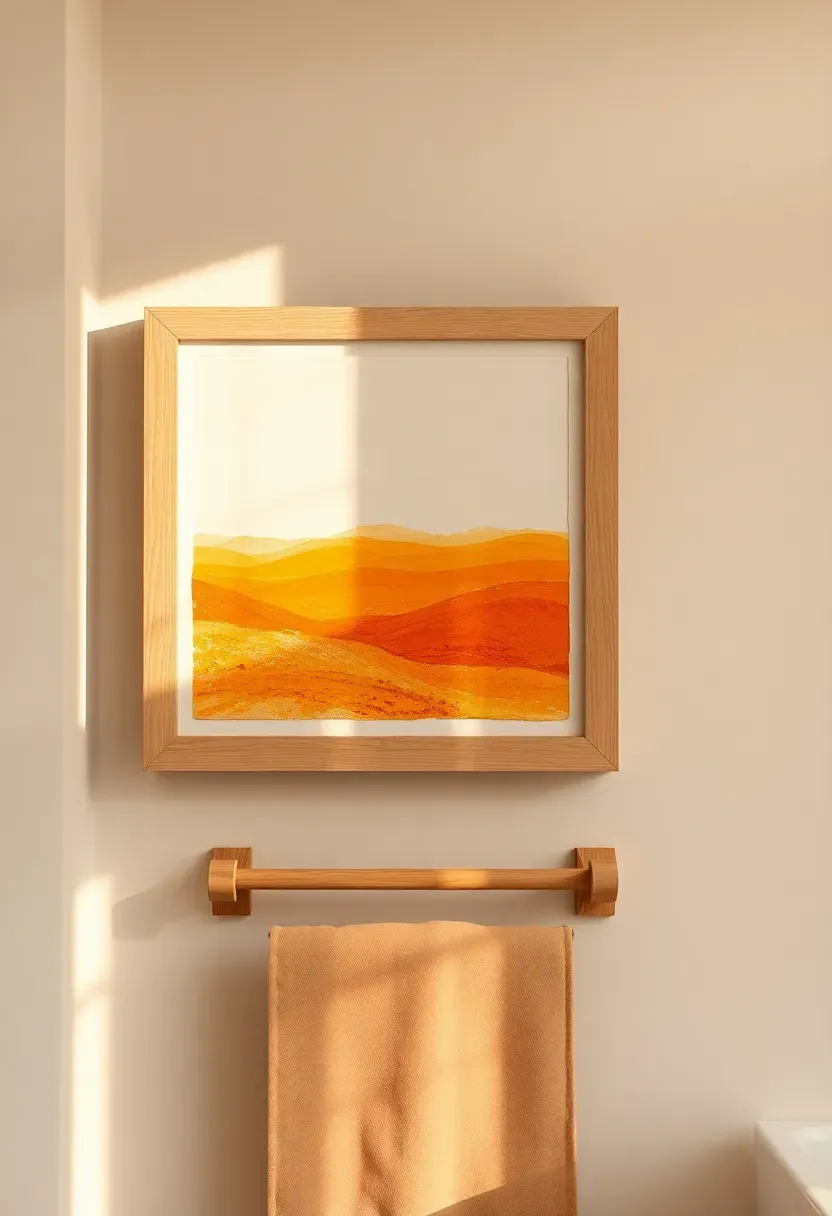 Soft landscape oil pastel sketch of rolling hills at sunset in warm oranges and golds framed in light oak above a bathroom towel rack
