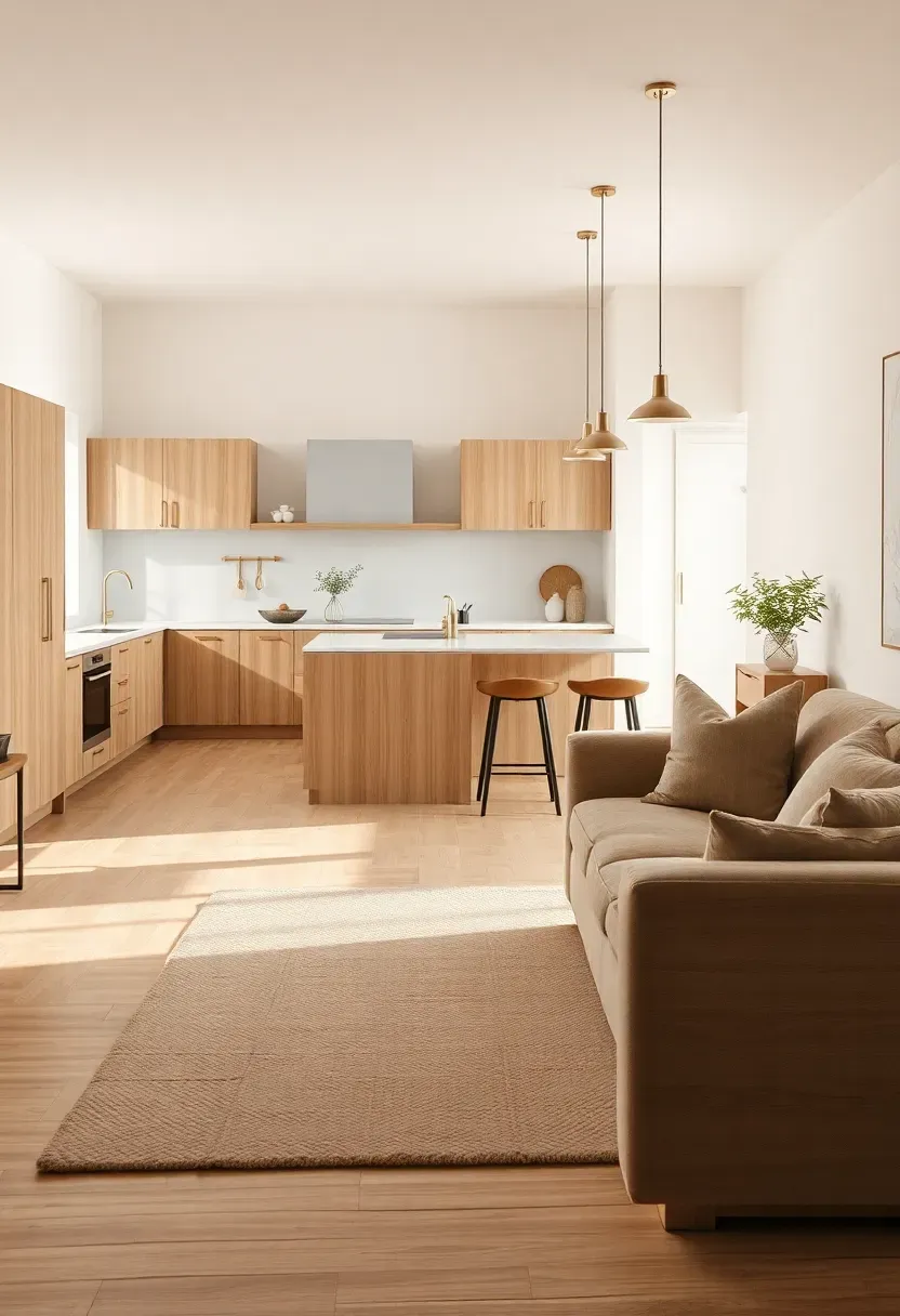 Layered zoning in an open kitchen with rug borders