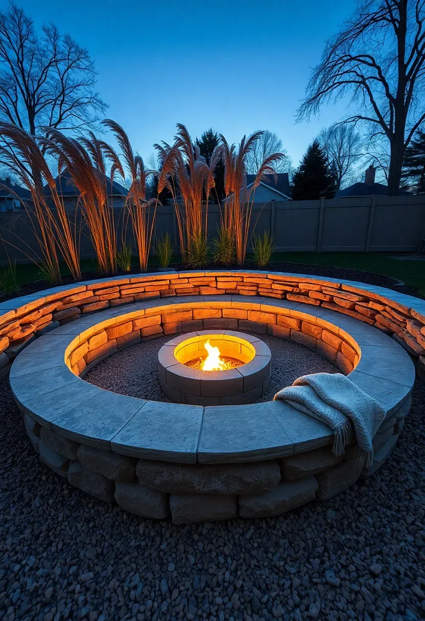 Sunken circular fire pit with built-in stone bench seating surrounded by ornamental grasses in a backyard oasis at dusk