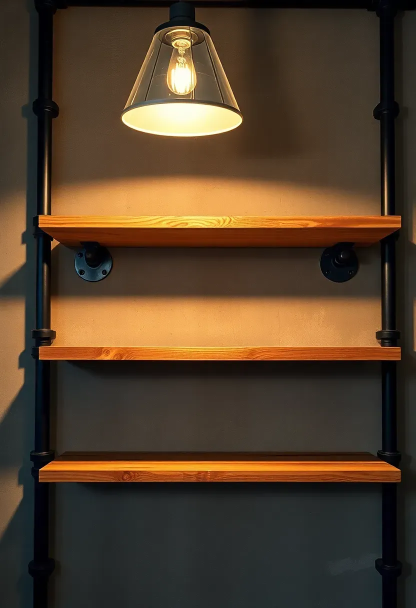 Industrial-style open pipe shelving made from black iron pipe and reclaimed wood planks mounted on a basement wall