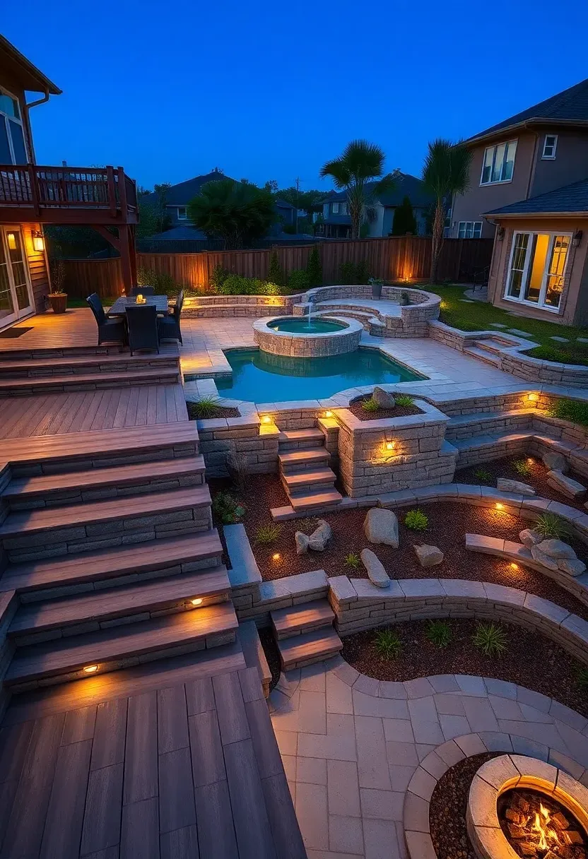Multi-level backyard with an upper wooden deck, mid-level pool with stone coping, and lower terraced garden beds with landscape lighting at dusk