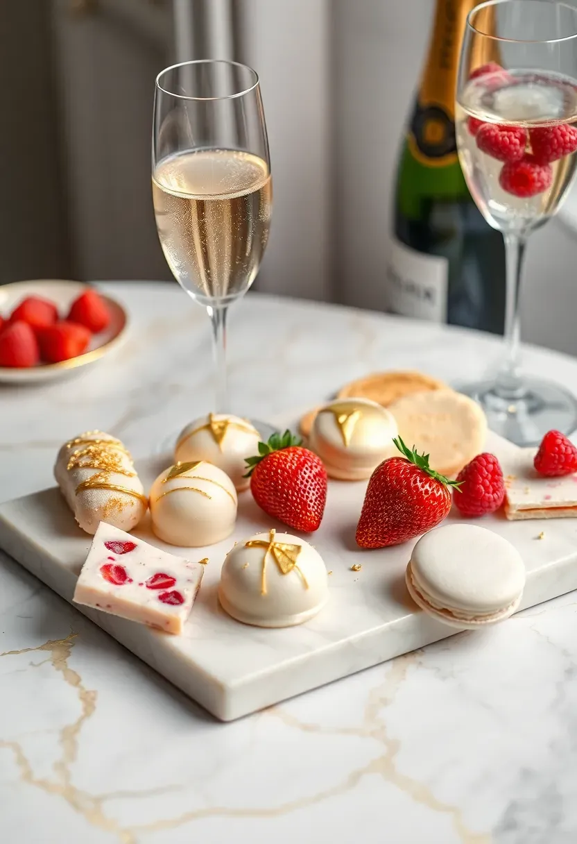 Champagne and sweets celebration board with elegant desserts and champagne-inspired treats